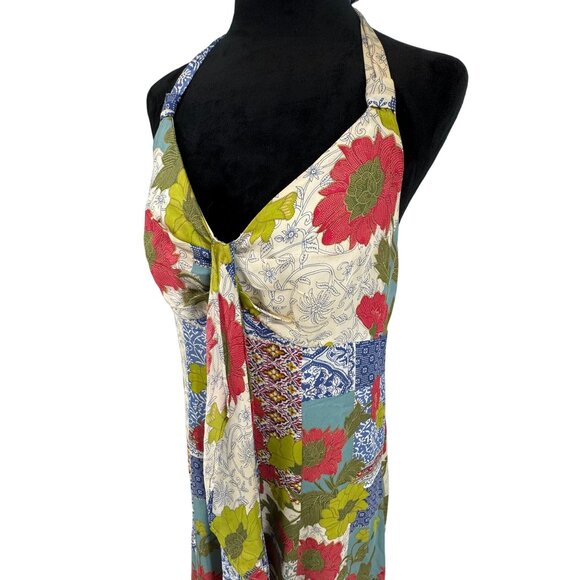 Monsoon Halterneck Maxi Dress Womens Size L‎ Silk Floral Flowy Y2K Empire Waist - Picture 1 of 7